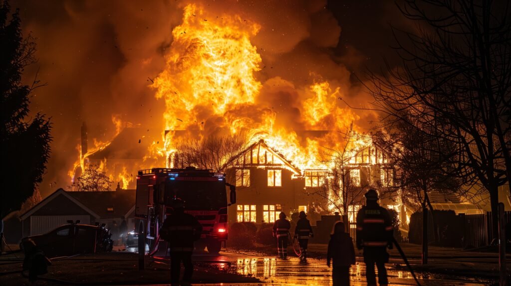 Massive house fire in suburban neighborhood. Firefighters and a fire truck are seen in the foreground, battling the intense blaze as the fire lights up the night sky.
