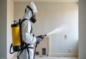 Mold remediation service: A professional worker spraying products to remove mold before house painting, clad in a protective suit and respirator mask, with a backpack sprayer at a home renovation site