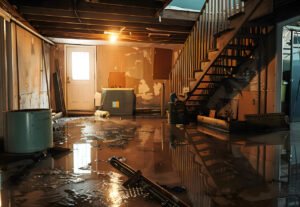 Flooded basement with standing water and damaged interior