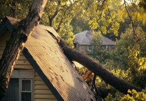 A fallen tree on a damaged roof after a storm, highlighting the need for urgent roof repair.